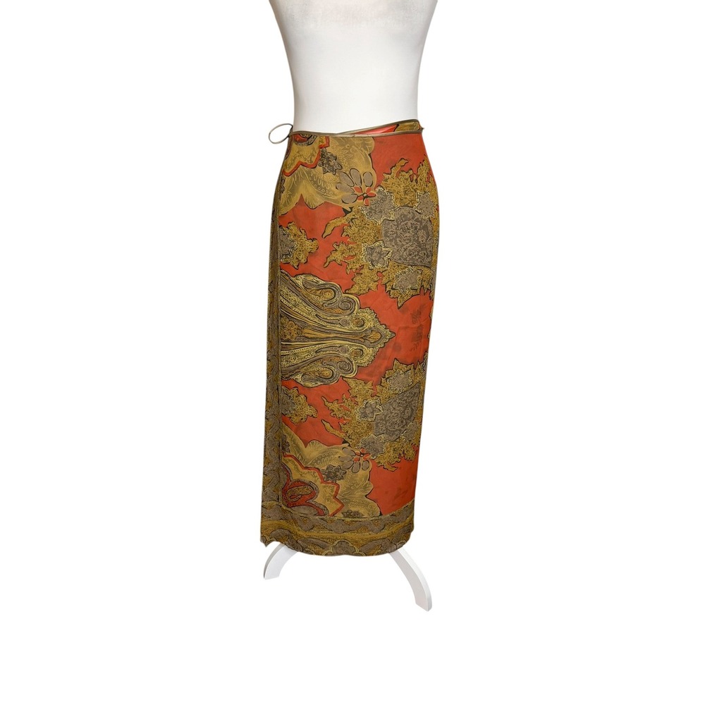 Dana Buchman Silk Maxi Wrap Skirt Orange Paisley Floral Tie Waist Lined Size 12 - Picture 5 of 7